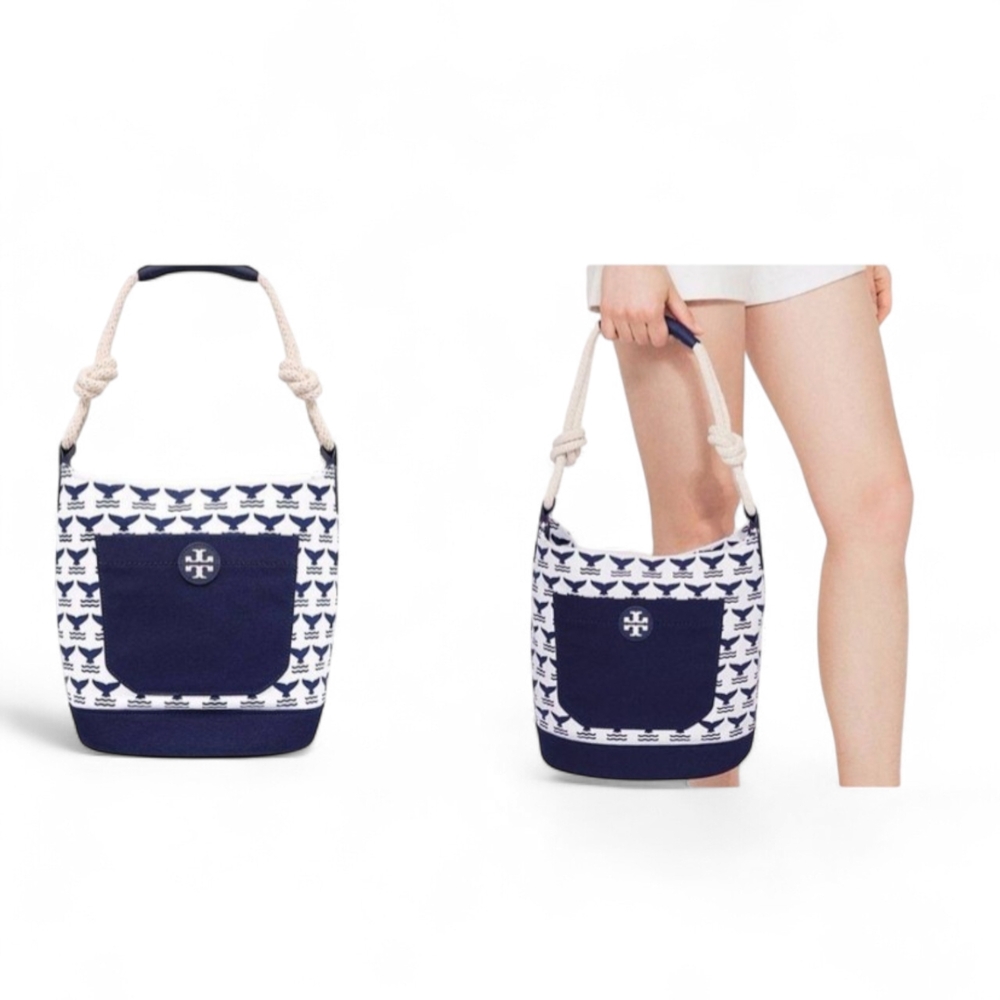 Tory Burch Navy and White Canvas Bucket Shoulder Bag